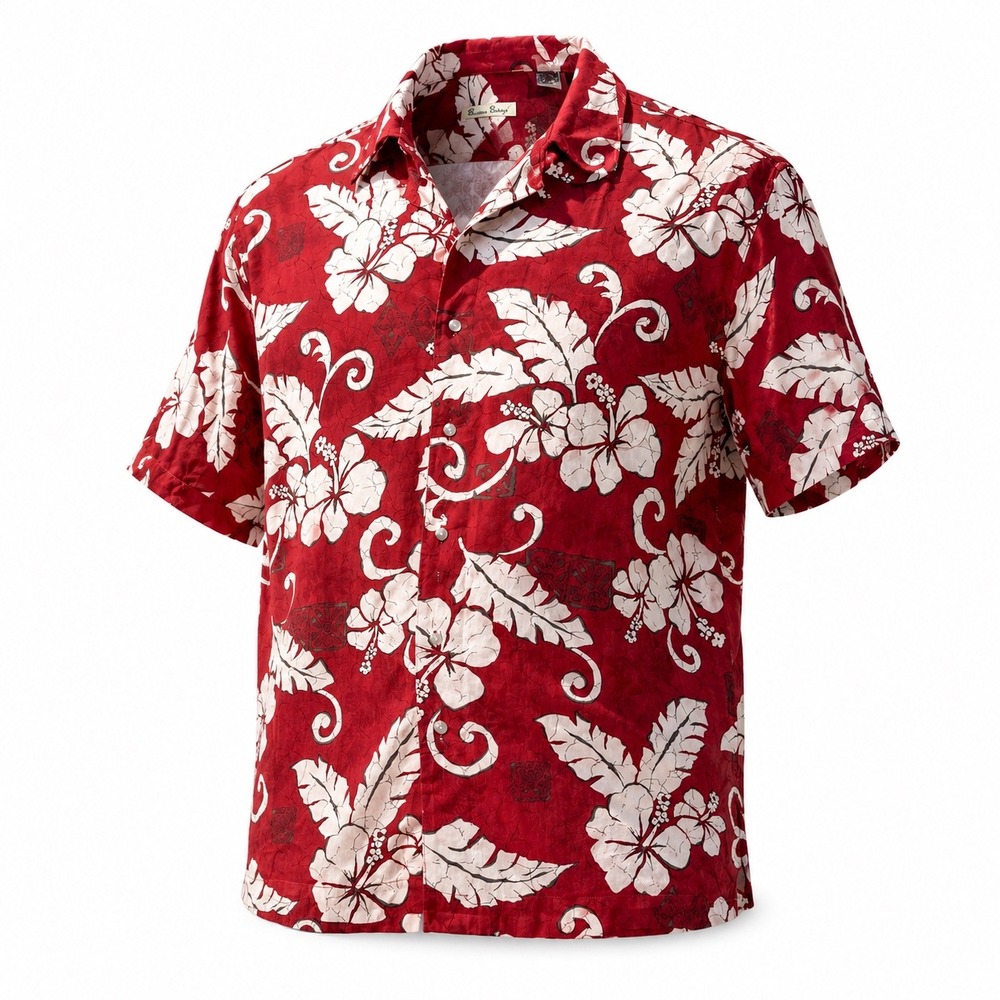Burma Bibas Hawaiian Shirt Mens XXL Red Silk Hibiscus Floral‎ Aloha Wedding Camp